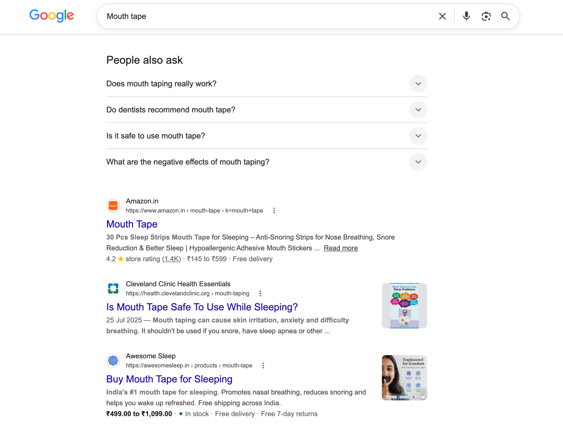 Google India search results page for 'mouth tape' showing Awesome Sleep ranking near the top alongside Amazon and Cleveland Clinic